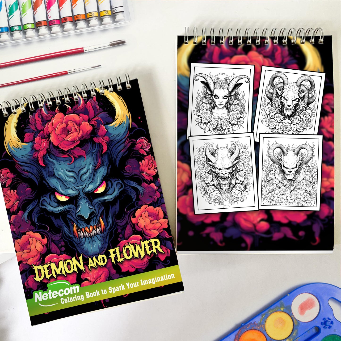 Demon And Flower Spiral Bound Coloring Book, Immerse Yourself in 30 Enchanting Illustrations of Demons and Flowers