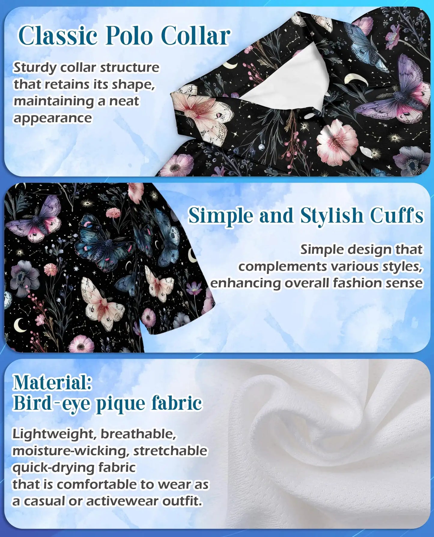 Butterfly Floral Polo Shirt - Moonlit Botanical Garden Style | Netecom