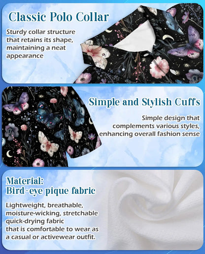 Butterfly Floral Polo Shirt - Moonlit Botanical Garden Style | Netecom