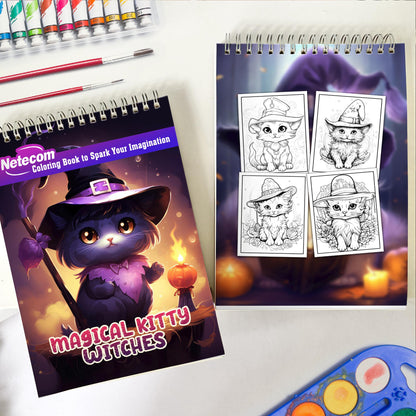 Magical Kitty Witches Spiral Bound Coloring Book, Unleash Your Creativity with 30 Charming Pages Filled with Enchanting Tales of Kitty Witchcraft.