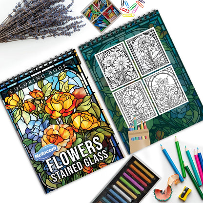 Flowers Stained Glass Spiral Bound Coloring Book, Vibrant Flower Designs in Stained Glass Style, Perfect for Botanical Lovers Seeking a Colorful Challenge