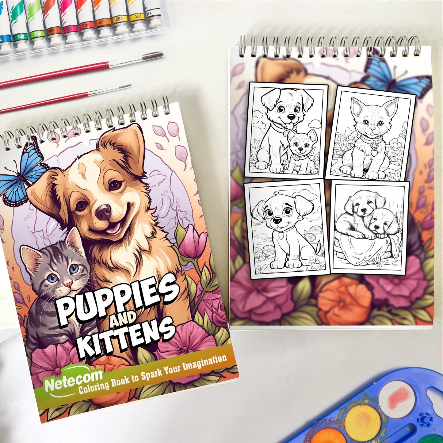 Puppies and Kittens Spiral Bound Coloring Book, Unleash Your Creativity with 30 Coloring Pages, Inviting You to Add Color and Life to Playful Puppies and Kittens