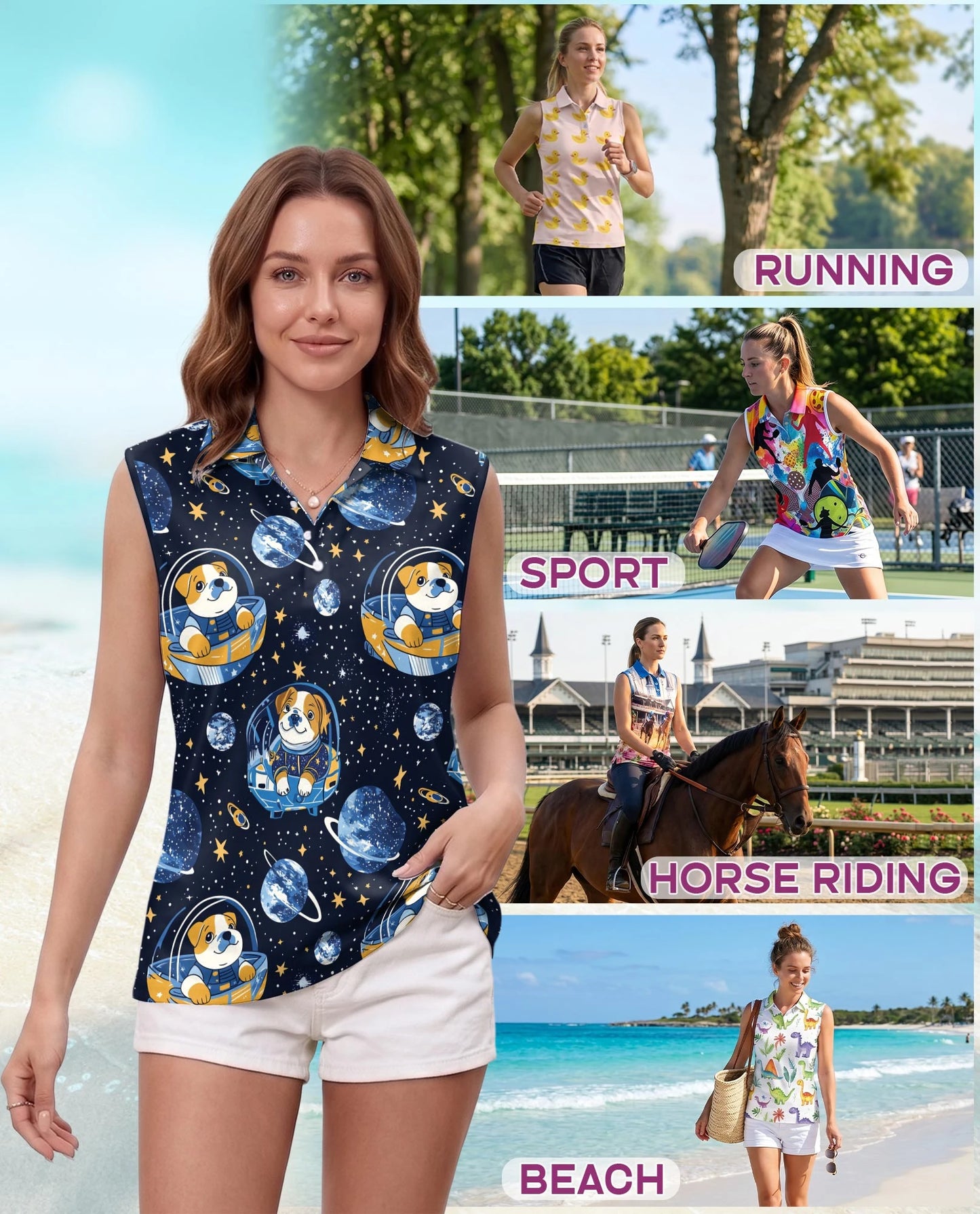 Space English Bulldog Astronaut Sleeveless Polo Shirt for Women | Netecom