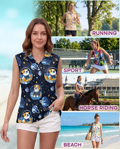 Space English Bulldog Astronaut Sleeveless Polo Shirt for Women | Netecom