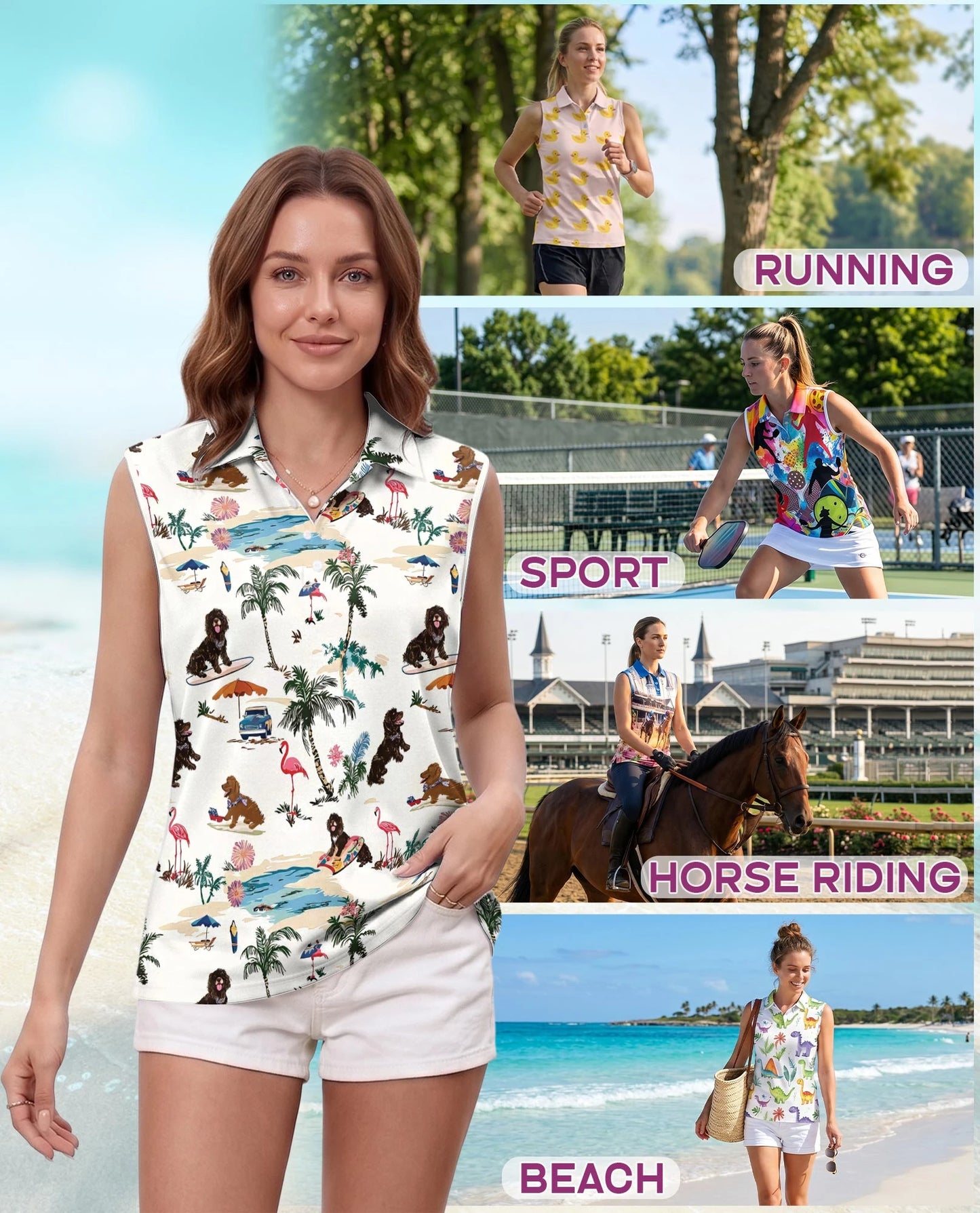 Poodle Beach Surfing Sleeveless Polo Shirt for Women – Cute Dog Summer Style | Netecom