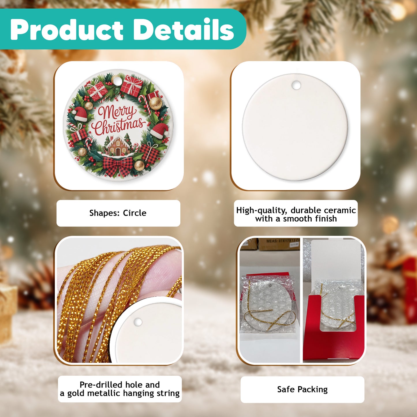 Netecom Merry Christmas Ornament, Christmas Wreath with Gifts and Gingerbread House Ceramic Ornament for Xmas Tree Hanging Decorations Gift, Home Decor, Holiday Party Present