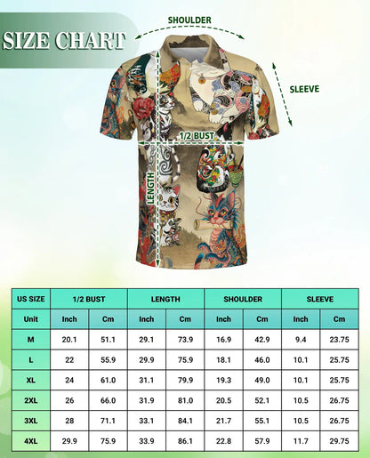 Japanese Tattoo Cat 3D Polo Shirt for Men – Asian Dragon Art Style | Netecom