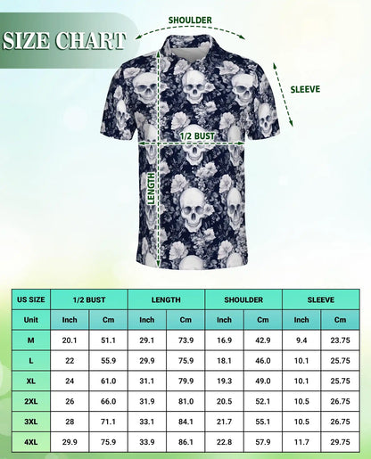 Gothic Skull Floral Hawaiian Polo Shirt | Dark Aesthetic Skull Shirt | Netecom