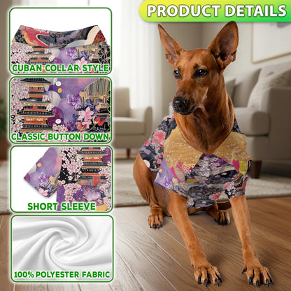 Japanese Ukiyoe Sakura Art Print Hawaii Dog and Owner Matching Button Shirts