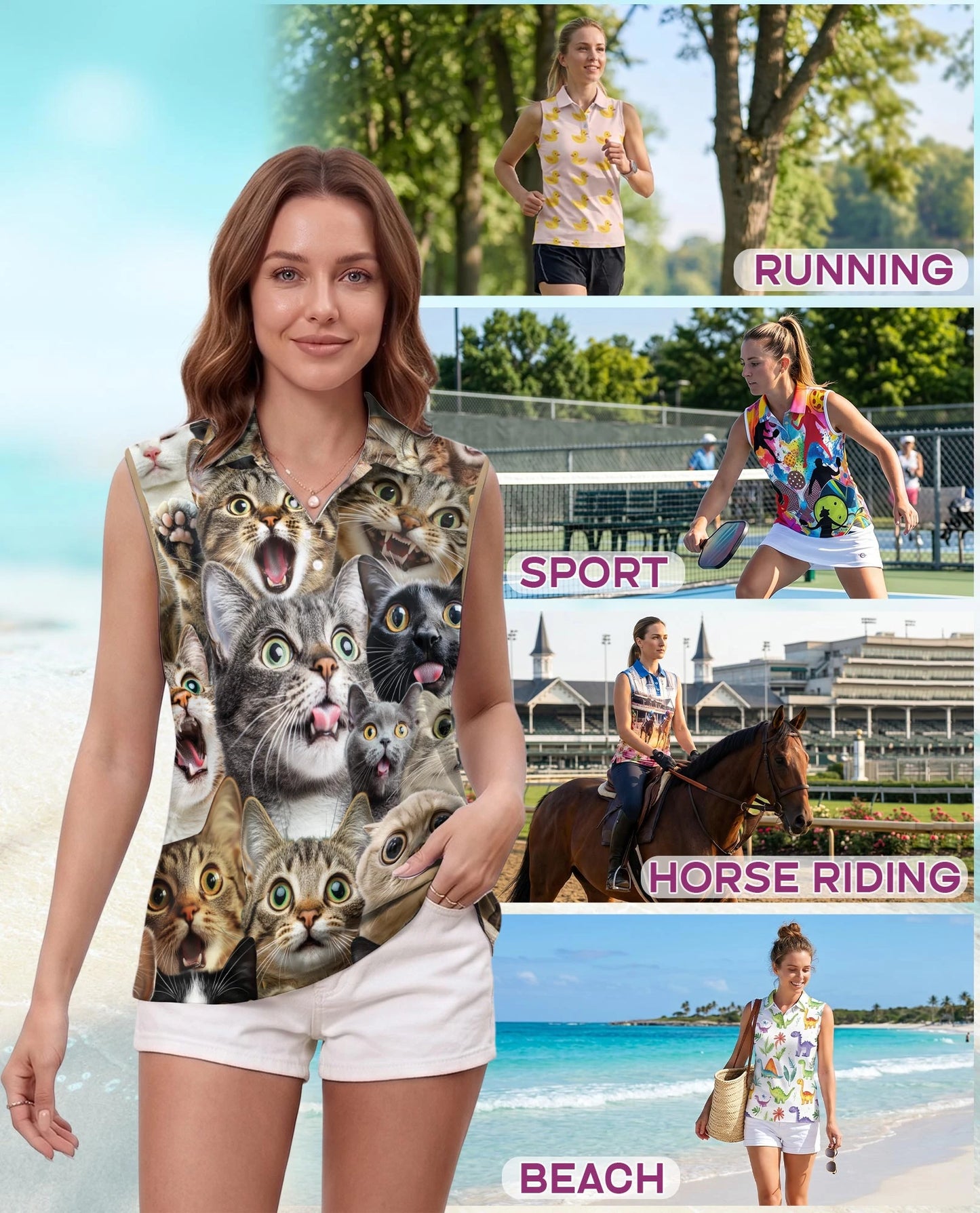 Funny Cat Pattern Sleeveless Polo Shirt for Women | Netecom