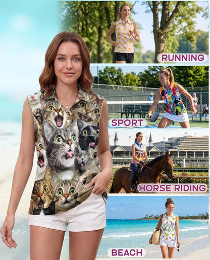 Funny Cat Pattern Sleeveless Polo Shirt for Women | Netecom