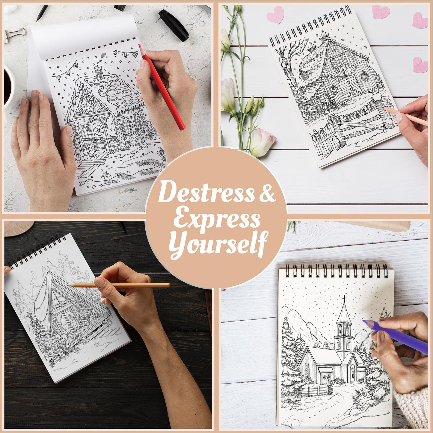Netecom Christmas Town Coloring Book Spiral Bound For Adults
