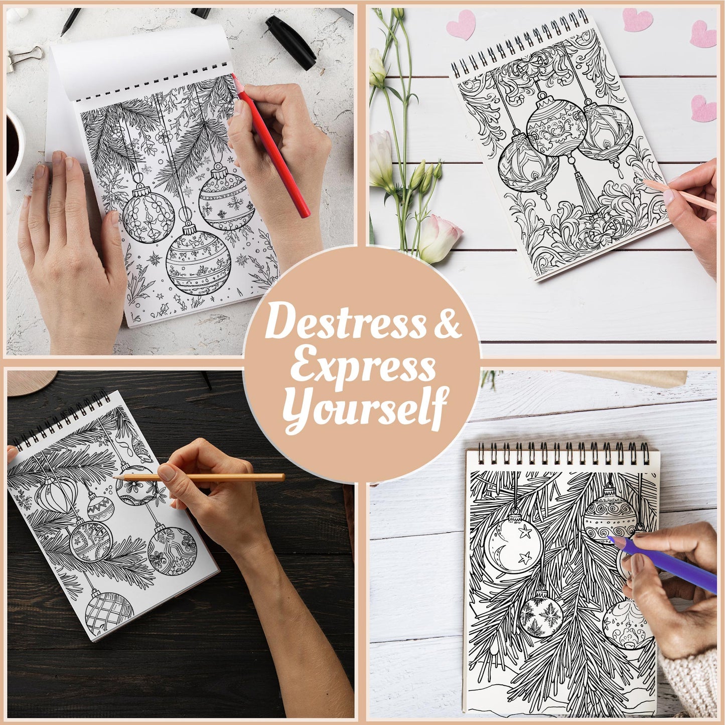 Netecom Christmas Ornaments Coloring Book Spiral Bound For Adults