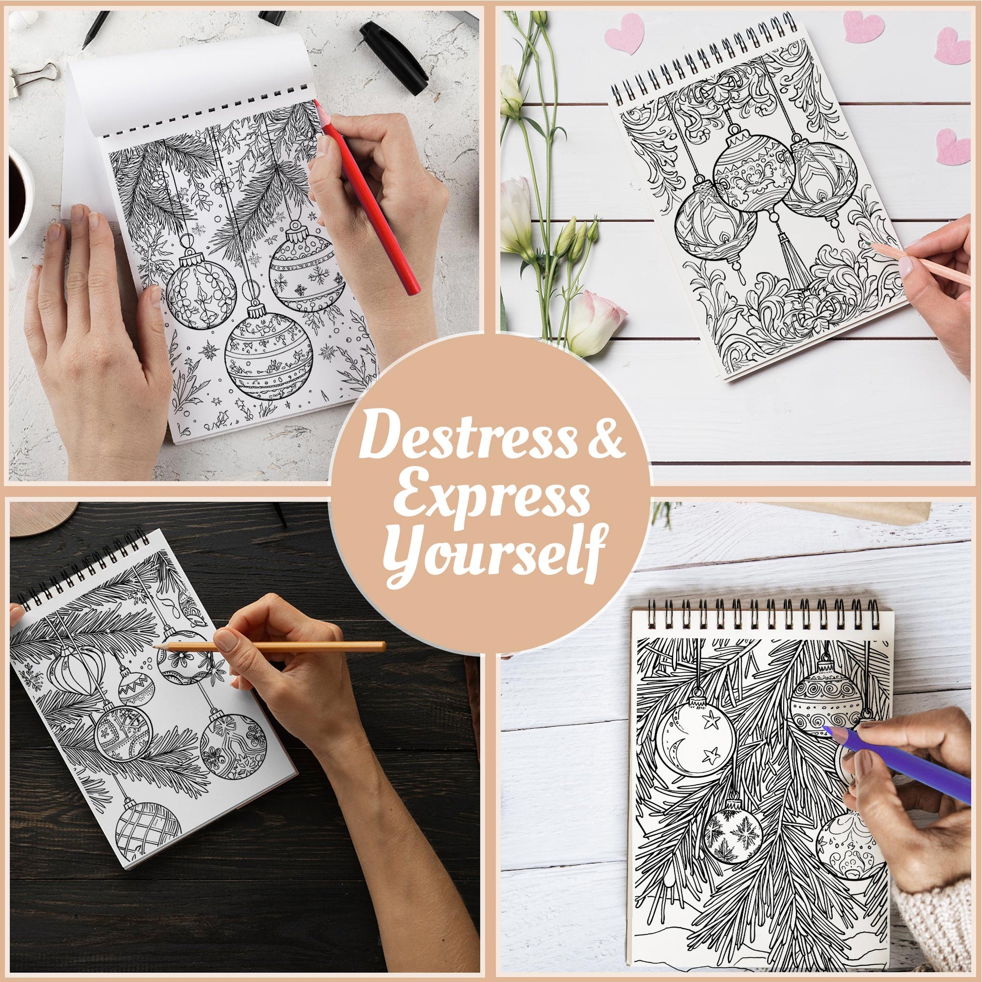 Netecom Christmas Ornaments Coloring Book Spiral Bound For Adults