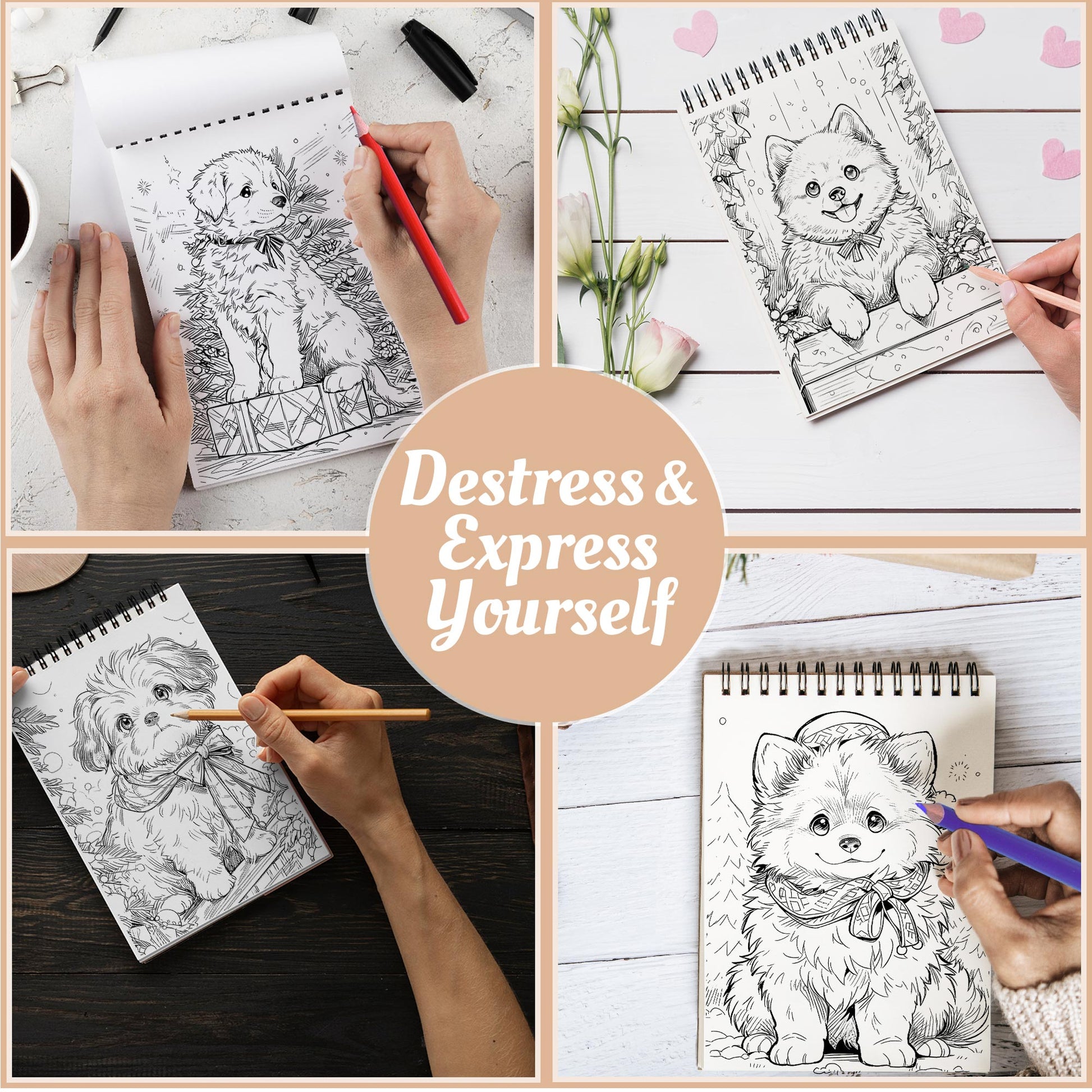 Netecom Christmas Puppies Coloring Book Spiral Bound For Adults