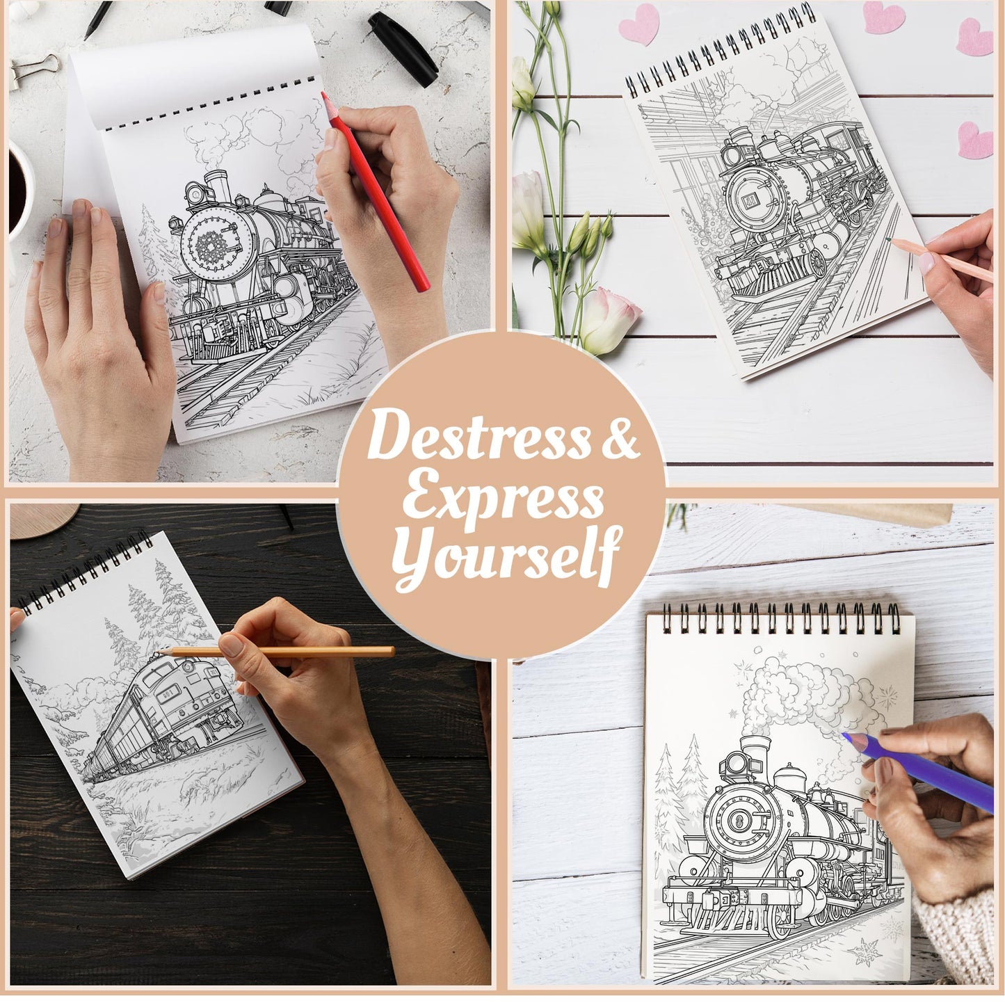 Netecom Christmas Train Coloring Book Spiral Bound For Adults