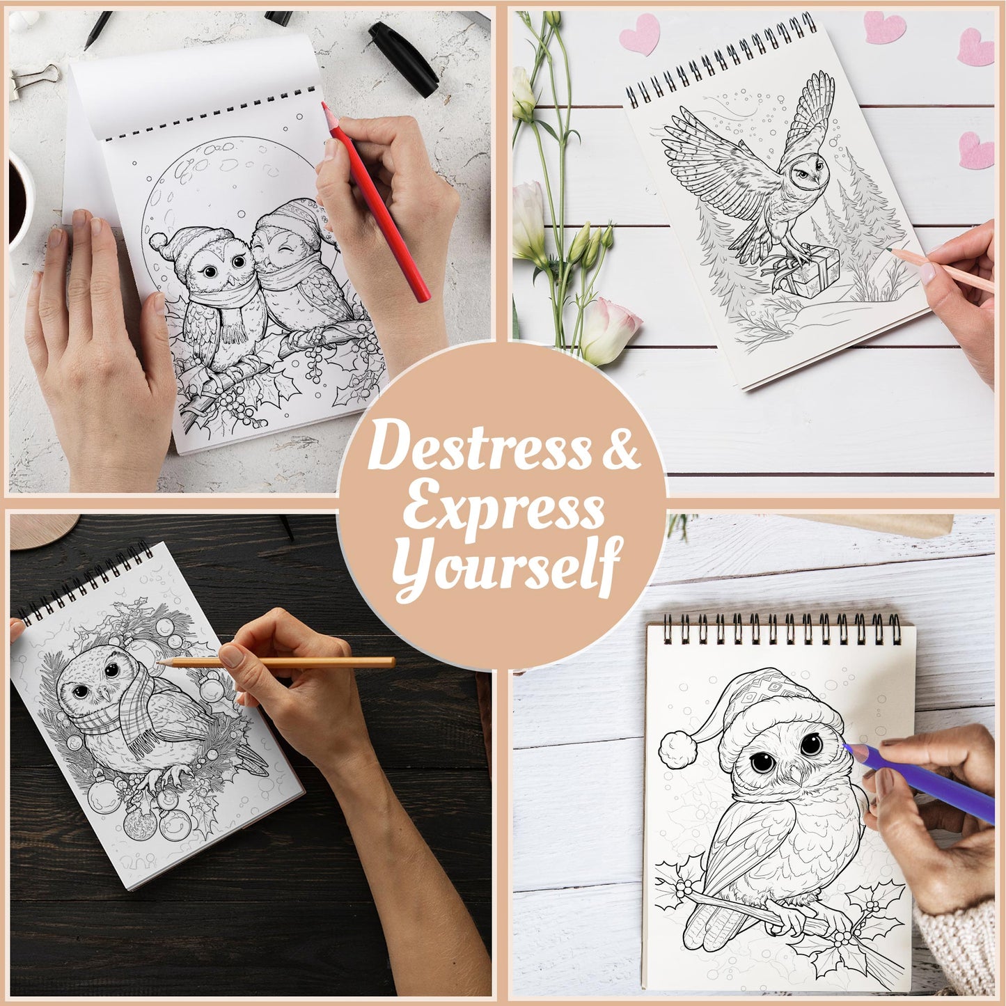 Netecom Christmas Owls Coloring Book Spiral Bound For Adults