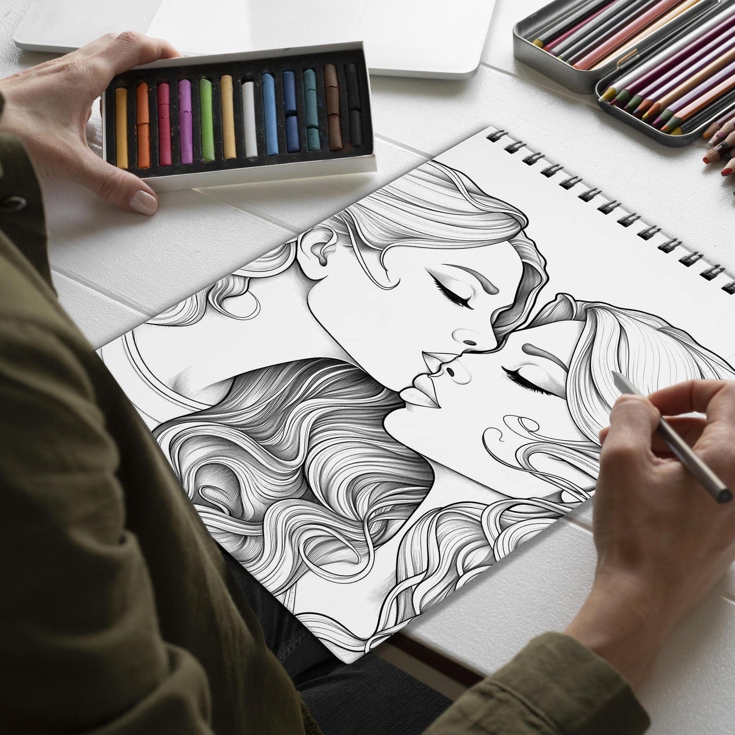 Painted With Her Love Spiral Bound Coloring Book, Unleash Your Creativity with 30 Charming Pages Filled with Heartfelt Moments of Lesbian Romance and Togetherness.