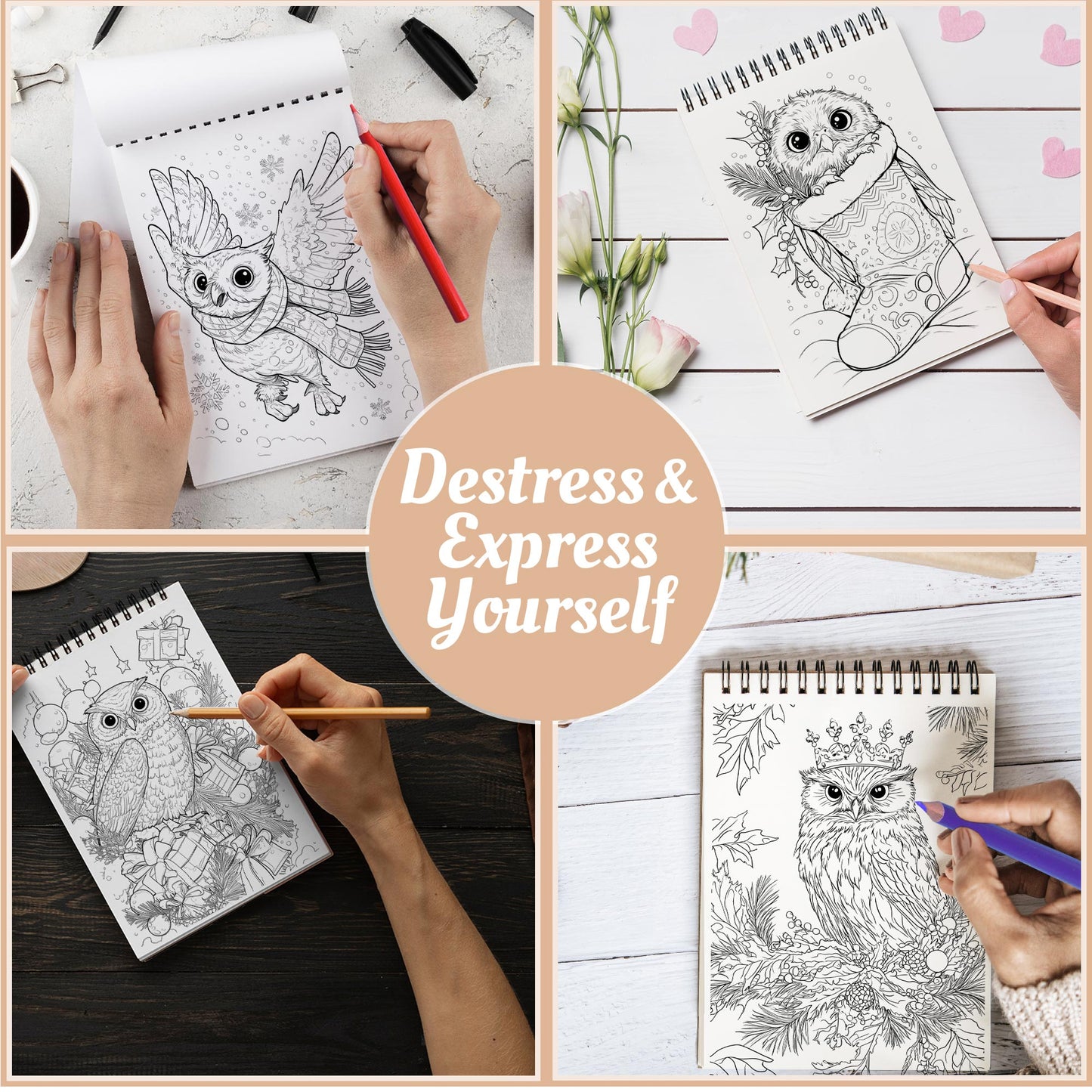 Netecom Christmas Owls Coloring Book Spiral Bound For Adults