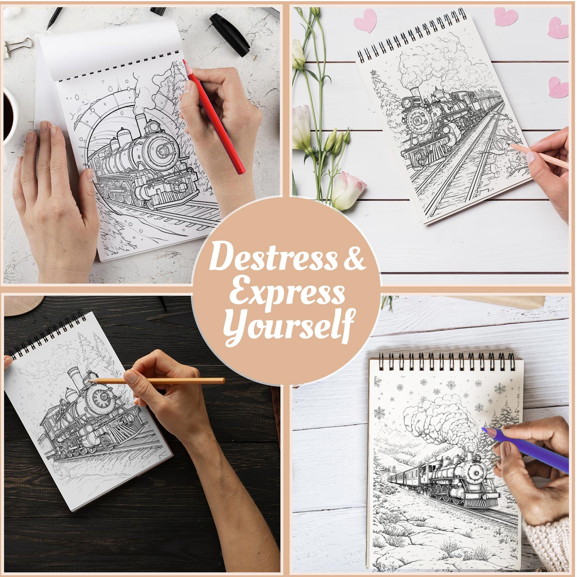 Netecom Christmas Train Coloring Book Spiral Bound For Adults