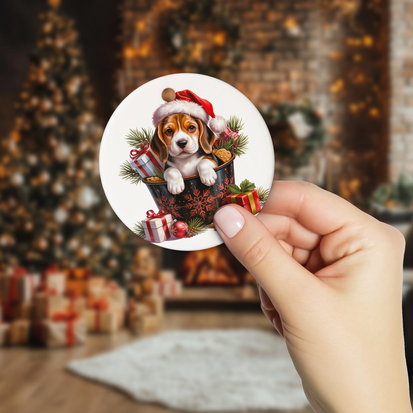 Netecom Cute Beagle in Bucket Ornament, Dog with Santa Hat Ceramic Ornament for Christmas Tree Hanging Decorations Gift, Puppy Lover Gifts, Home Decor, Holiday Party Present