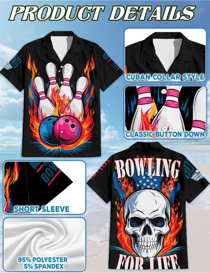 Netecom Bowling American Flag Hawaiian Shirt for Men, Patriotic Bowling Button Down Summer Beach Short Sleeve