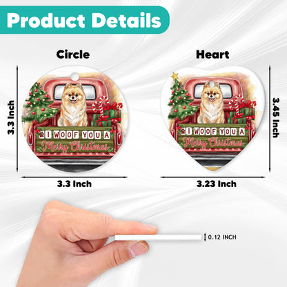 Netecom Cute Pomeranian Dog in Red Truck Ornament, I Woof You a Merry Christmas Ceramic Ornament for Christmas Tree Hanging Decorations Gift, Dog Lover Gifts, Holiday Party Present