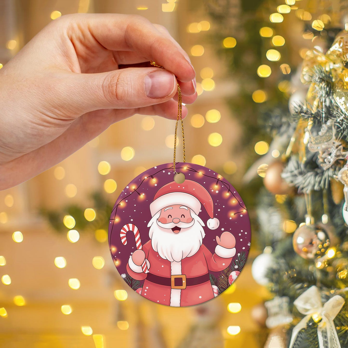 Netecom Funny Pink Santa Claus Christmas Ornament, Ceramic Santa With Candy Cane Keepsake Ornament for Xmas Tree Decorations, Gifts for Holiday, Party, Home Decor