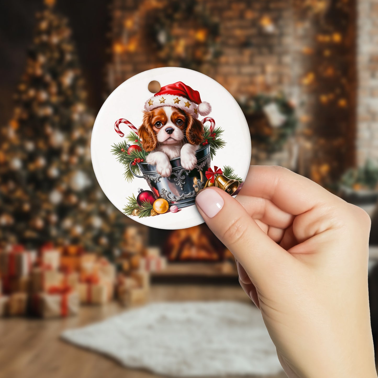 Netecom Cute Cavalier King Charles Spaniel in Bucket Ornament, Dog with Santa Hat Ceramic Ornament for Christmas Tree Hanging Decorations Gift, Puppy Lover Gifts, Holiday Party Present