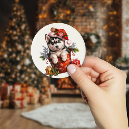 Netecom Cute Husky in Bucket Ornament, Dog with Santa Hat Ceramic Ornament for Christmas Tree Hanging Decorations Gift, Puppy Lover Gifts, Home Decor, Holiday Party Present