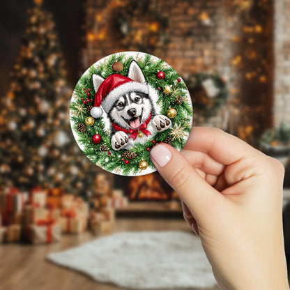 Netecom Funny Siberian Husky in Santa Hat Christmas Ornament, Puppy Ceramic Ornament for Xmas Tree Hanging Decorations Gift, Dog Lover Gifts, Holiday Party Present
