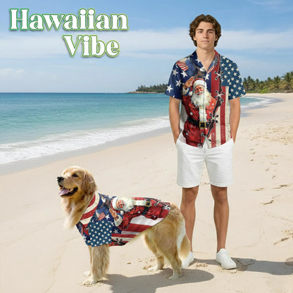 Patriotic American Christmas Santa Print Hawaii Dog and Owner Matching Shirts