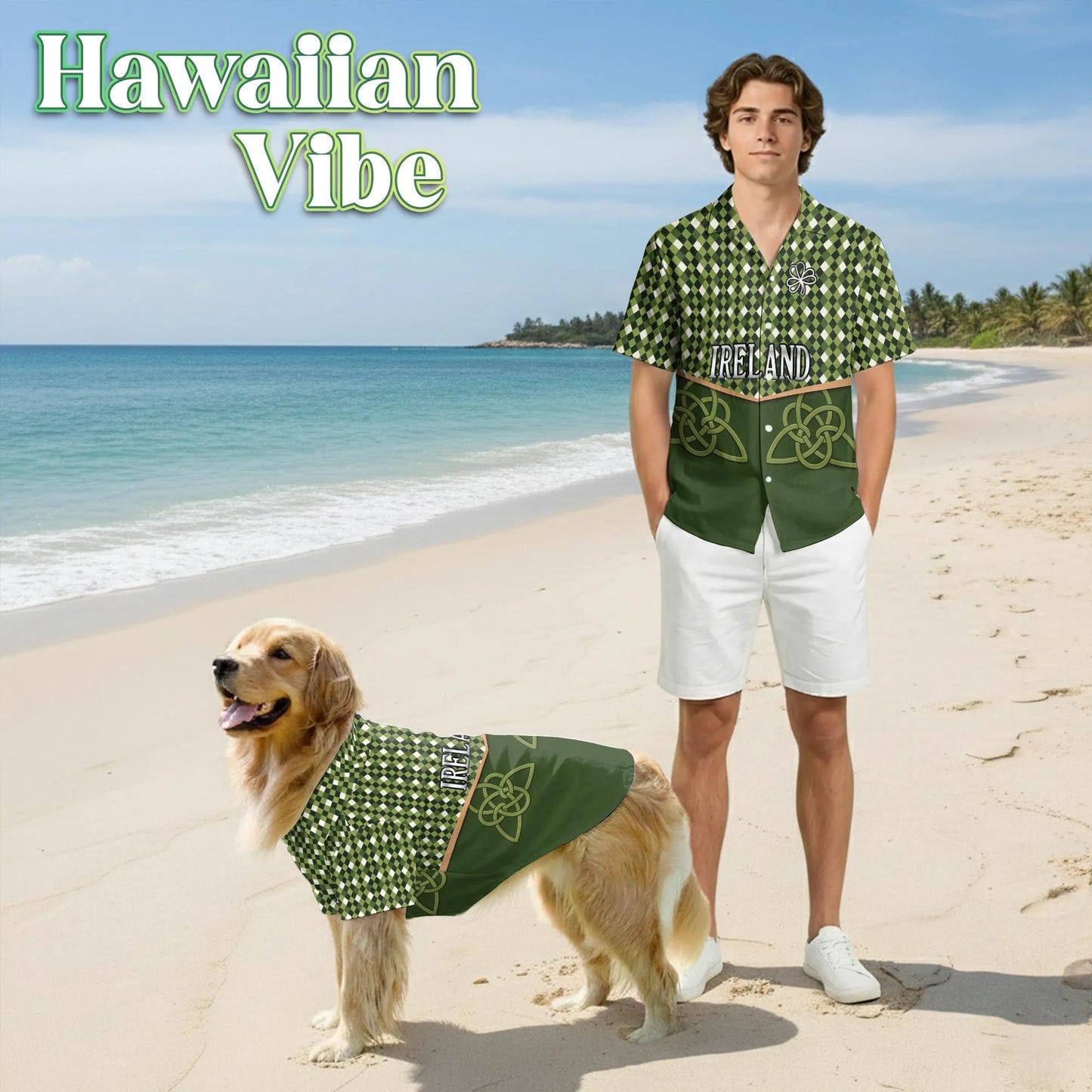 Ireland St Patrick’s Day Hawaii Dog and Owner Matching Retro Style Button Shirts