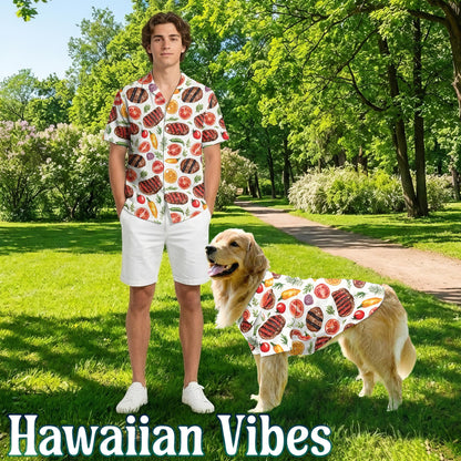 Netecom Matching BBQ Hawaiian Shirt for Dog and Owner, Aloha Summer Shirt, Barbecue Grill Print Outfit for Pet and Human, Beach Vacation Casual Wear
