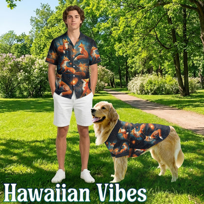 Netecom Matching Fox Starlight Hawaiian Shirt for Dog and Owner, Aloha Summer Shirt, Fox Night Sky Print Button Down Outfit for Pet and Human, Beach Vacation Casual Wear