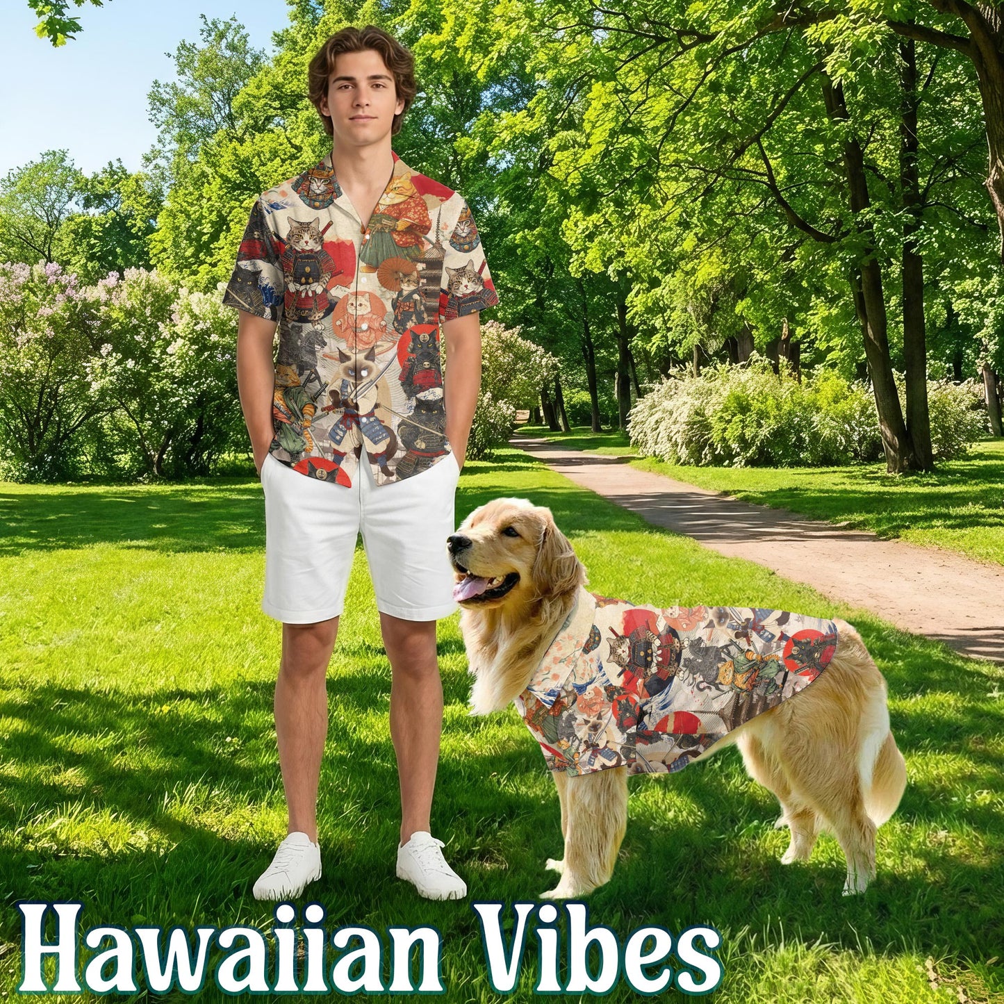 Netecom Matching Japanese Samurai Cat Hawaiian Shirt for Dog and Owner, Aloha Summer Shirt, Samurai Cat Print Outfit for Pet and Human, Beach Vacation Casual Wear