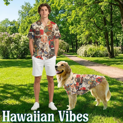 Netecom Matching Japanese Samurai Cat Hawaiian Shirt for Dog and Owner, Aloha Summer Shirt, Samurai Cat Print Outfit for Pet and Human, Beach Vacation Casual Wear