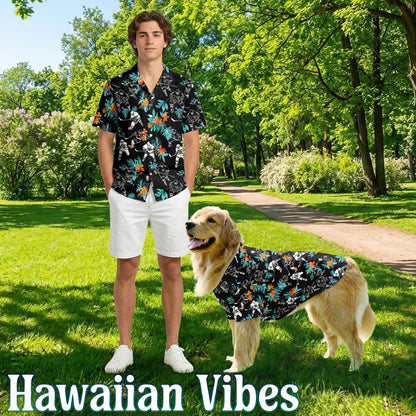 Netecom Matching Hockey Hawaiian Shirt for Dog and Owner, Black Tropical Flower Aloha Shirt, Hockey Player Print Summer Shirt for Pet and Human, Beach Vacation Outfit