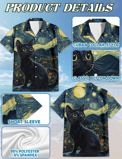 Netecom Starry Night Cat Hawaiian Shirt for Men, Button Down Summer Beach Short Sleeve, Cat Lover Gifts, S-5XL