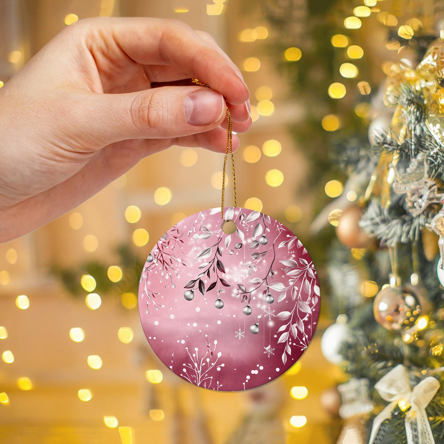 Netecom Elegant Pink Ornament, Ceramic Silver Holly Berries and Baubles Keepsake Ornament for Xmas Tree Decorations, Gifts for Holiday, Party, Home Decor