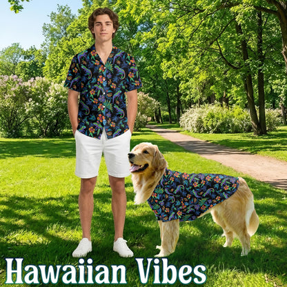 Netecom Matching Colorful Gecko Hawaiian Shirt for Dog and Owner, Aloha Summer Shirt, Gecko Pattern Print Outfit for Pet and Human, Beach Vacation Casual Wear
