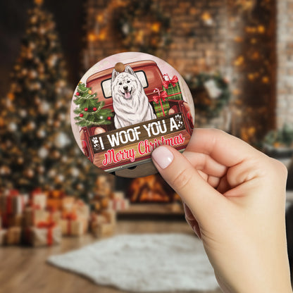 Netecom Cute Samoyed in Holiday Truck Ornament, I Woof You a Merry Christmas Ceramic Ornament for Christmas Tree Hanging Decorations Gift, Pet Lover Gifts, Holiday Decor Present