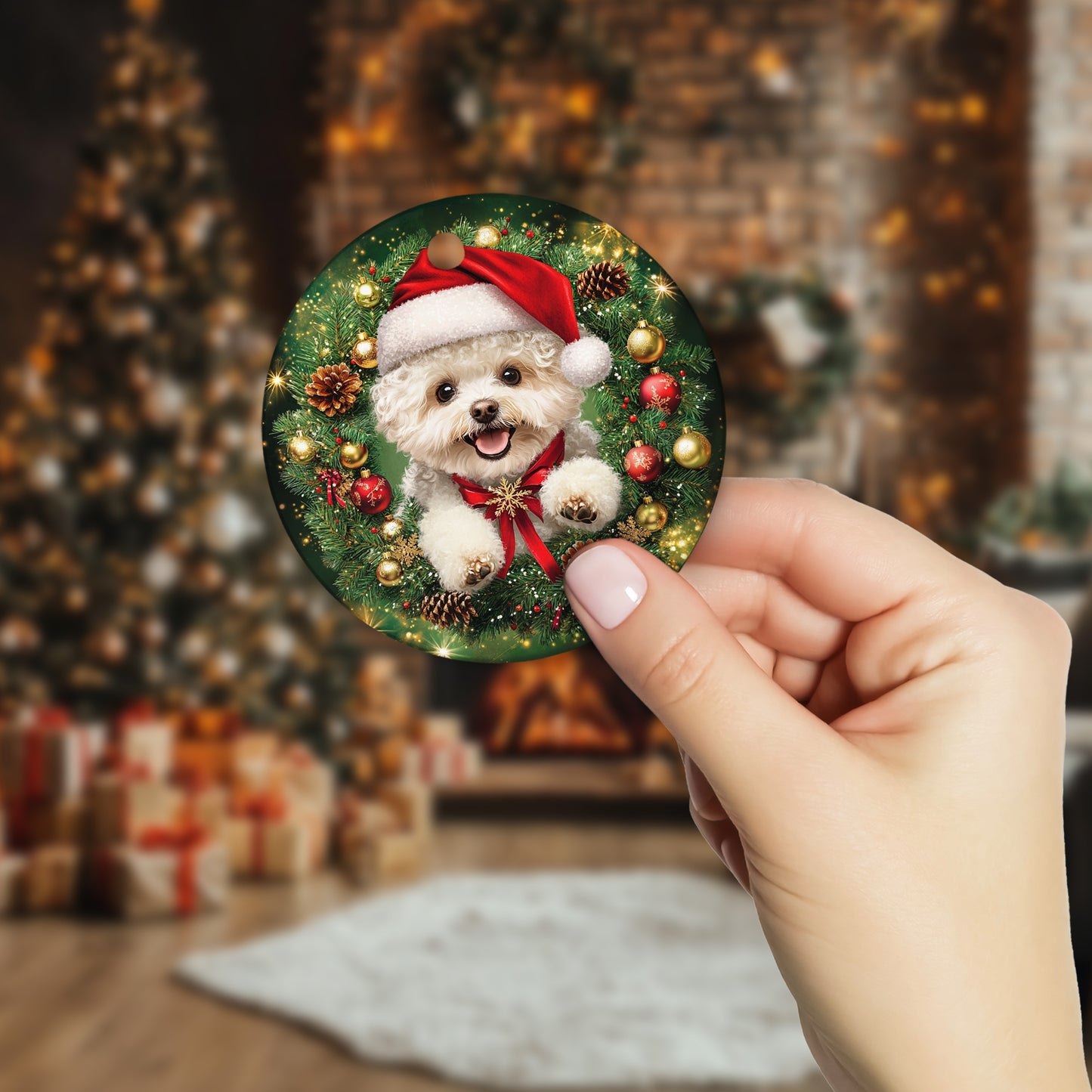 Netecom Cute Bichon Frise Christmas Ornament, Dog Santa Hat Ceramic Ornament for Xmas Tree Hanging Decorations Gift, Puppy Lover Gifts, Home Decor, Holiday Party Present