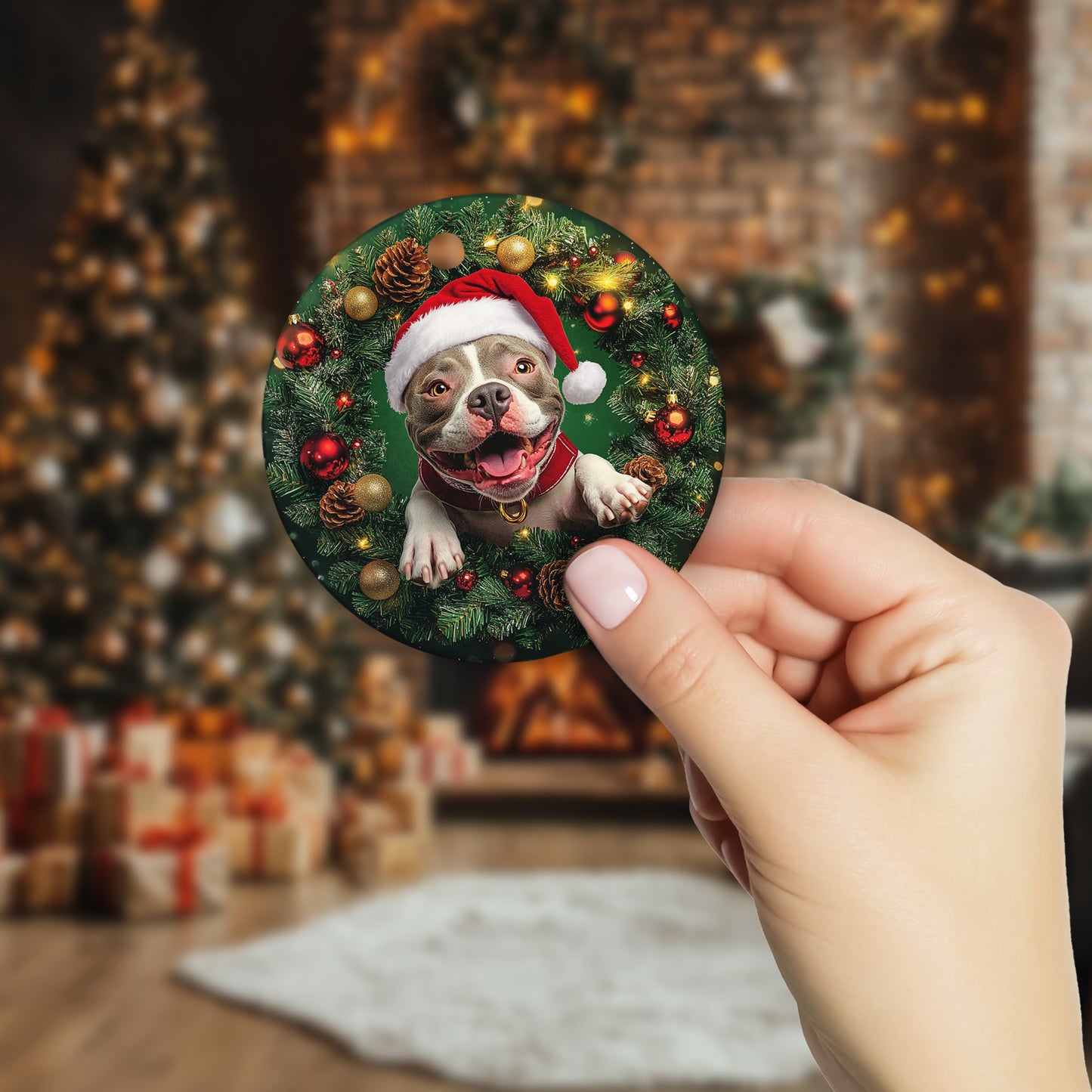 Netecom Funny Pitbull Christmas Ornament, Dog Santa Hat Ceramic Ornament for Xmas Tree Hanging Decorations Gift, Puppy Lover Gifts, Home Decor, Holiday Party Present