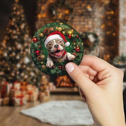 Netecom Funny Pitbull Christmas Ornament, Dog Santa Hat Ceramic Ornament for Xmas Tree Hanging Decorations Gift, Puppy Lover Gifts, Home Decor, Holiday Party Present