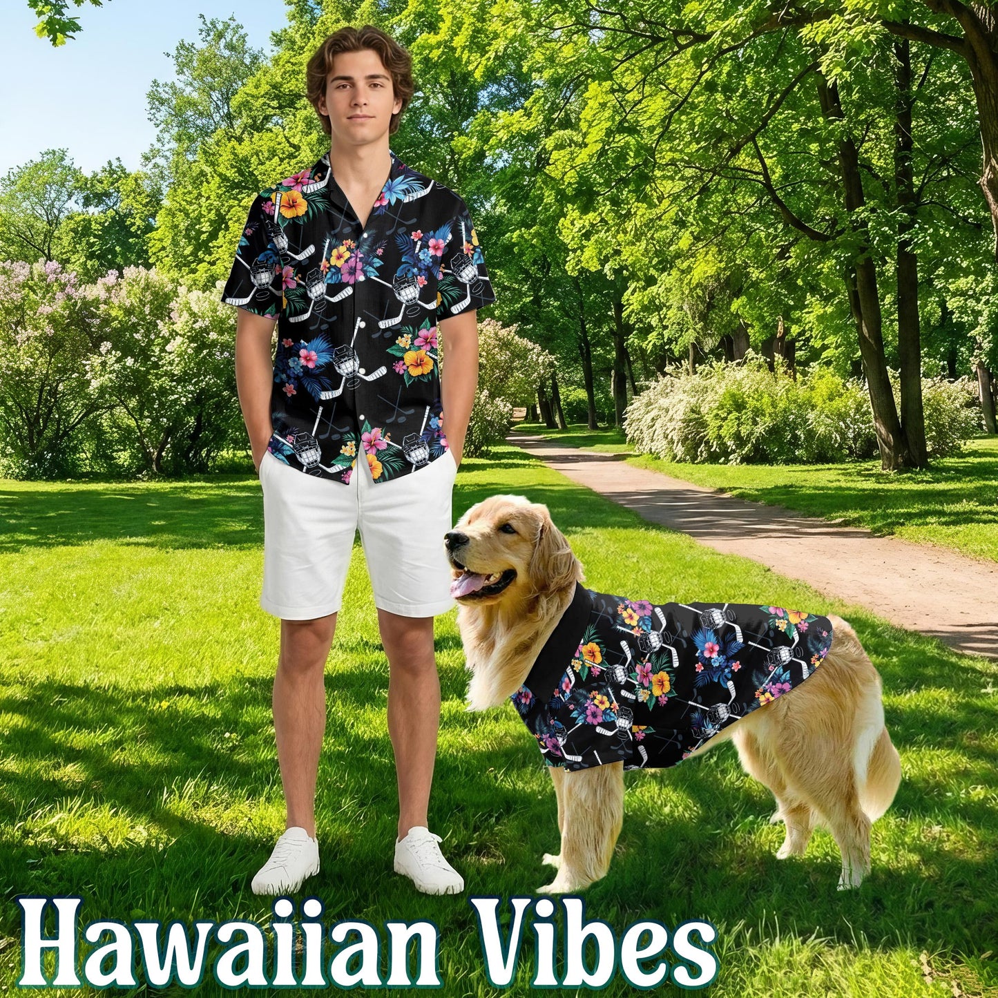 Netecom Matching Tropical Hockey Aloha Hawaiian Shirt for Dog and Owner, Aloha Summer Shirt, Sports Hockey Print Outfit for Pet and Human, Beach Vacation Casual Wear
