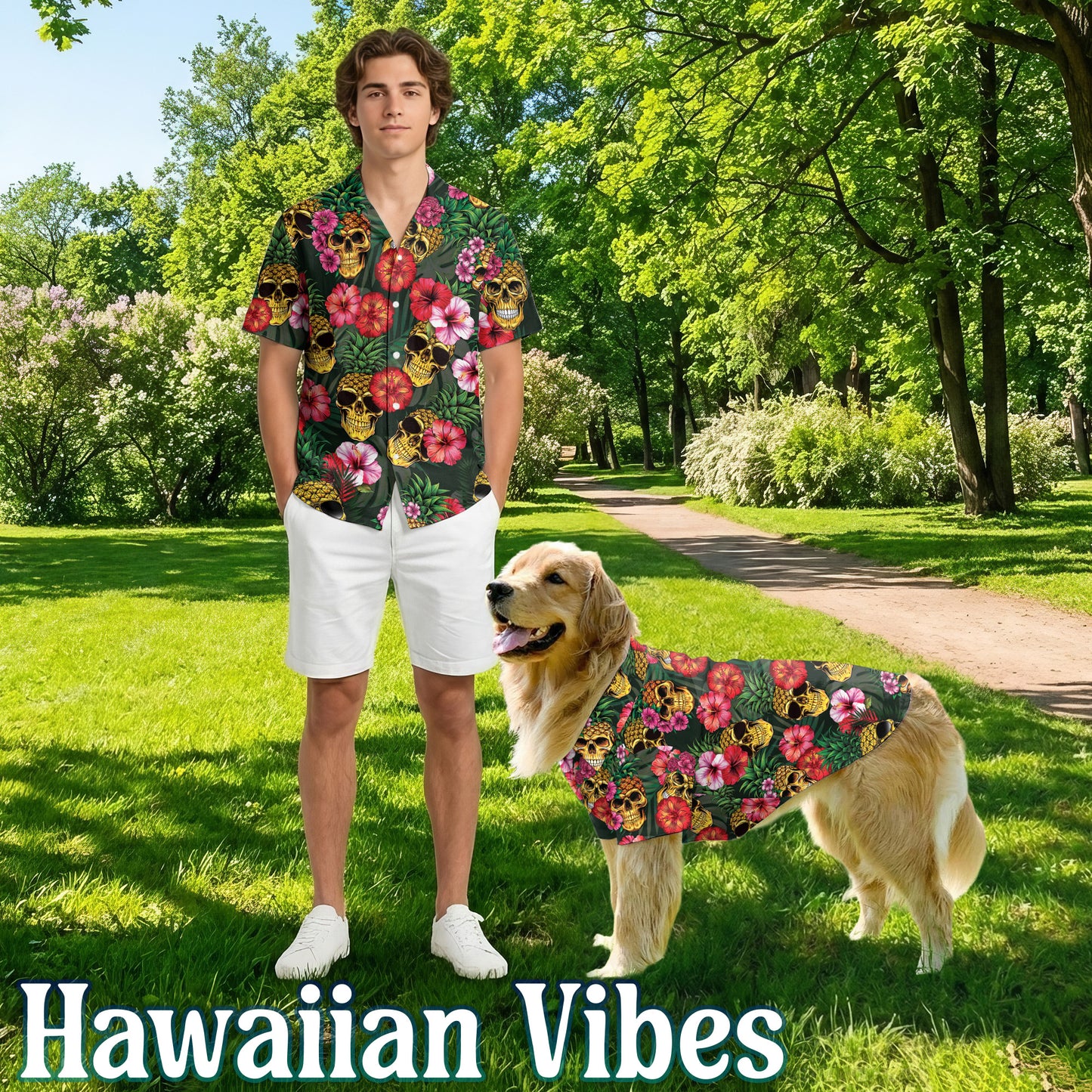 Netecom Matching Pineapple Skull Hibiscus Hawaiian Shirt for Dog and Owner, Funny Aloha Summer Shirt, Skull Print Button Down Outfit for Pet and Human, Beach Vacation Casual Wear