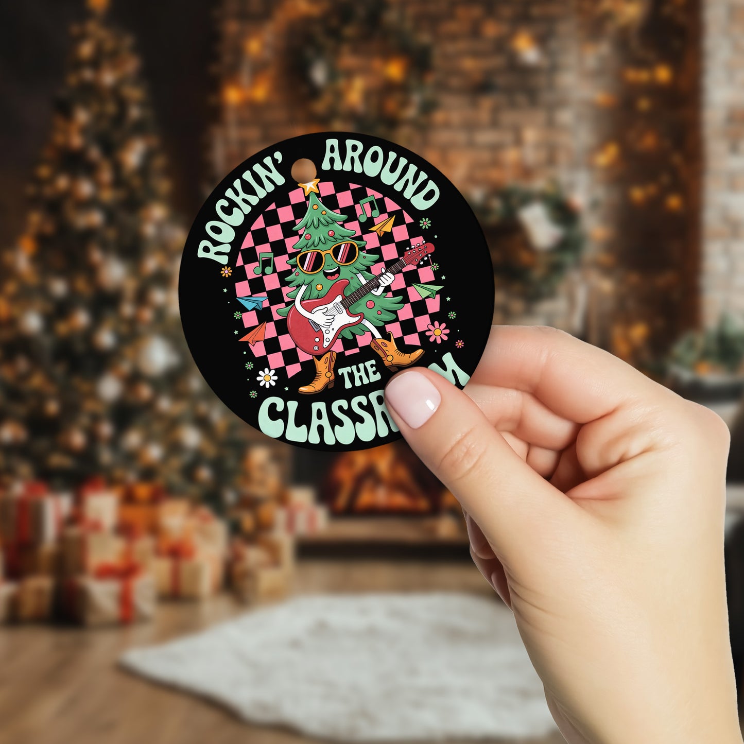 Netecom Funny Christmas Rock Ornament, Rockin' Around The Classroom Ceramic Ornament for Xmas Tree Hanging Decorations Gift, Gifts for Guitar Player Music Enthusiasts, Holiday Party Present