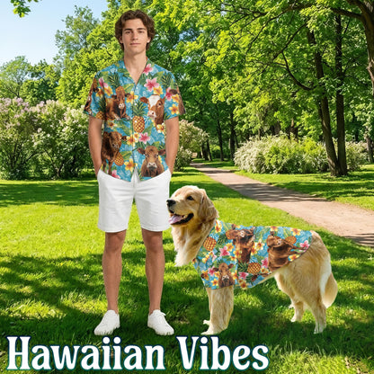 Netecom Matching Red Angus Cattle Hawaiian Shirt for Dog and Owner, Pineapple Aloha Summer Shirt, Cattle Lover Print Outfit for Pet and Human, Beach Vacation Casual Wear