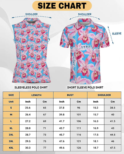 Pink Orchids Blue Sky Sleeveless Polo Shirt for Women – Tropical Floral Style | Netecom